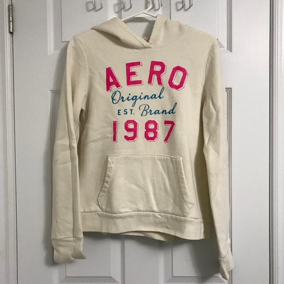 Aeropostale Cotton Blend Hoodie Sweater Front Pocket L White Pink - Picture 1 of 3
